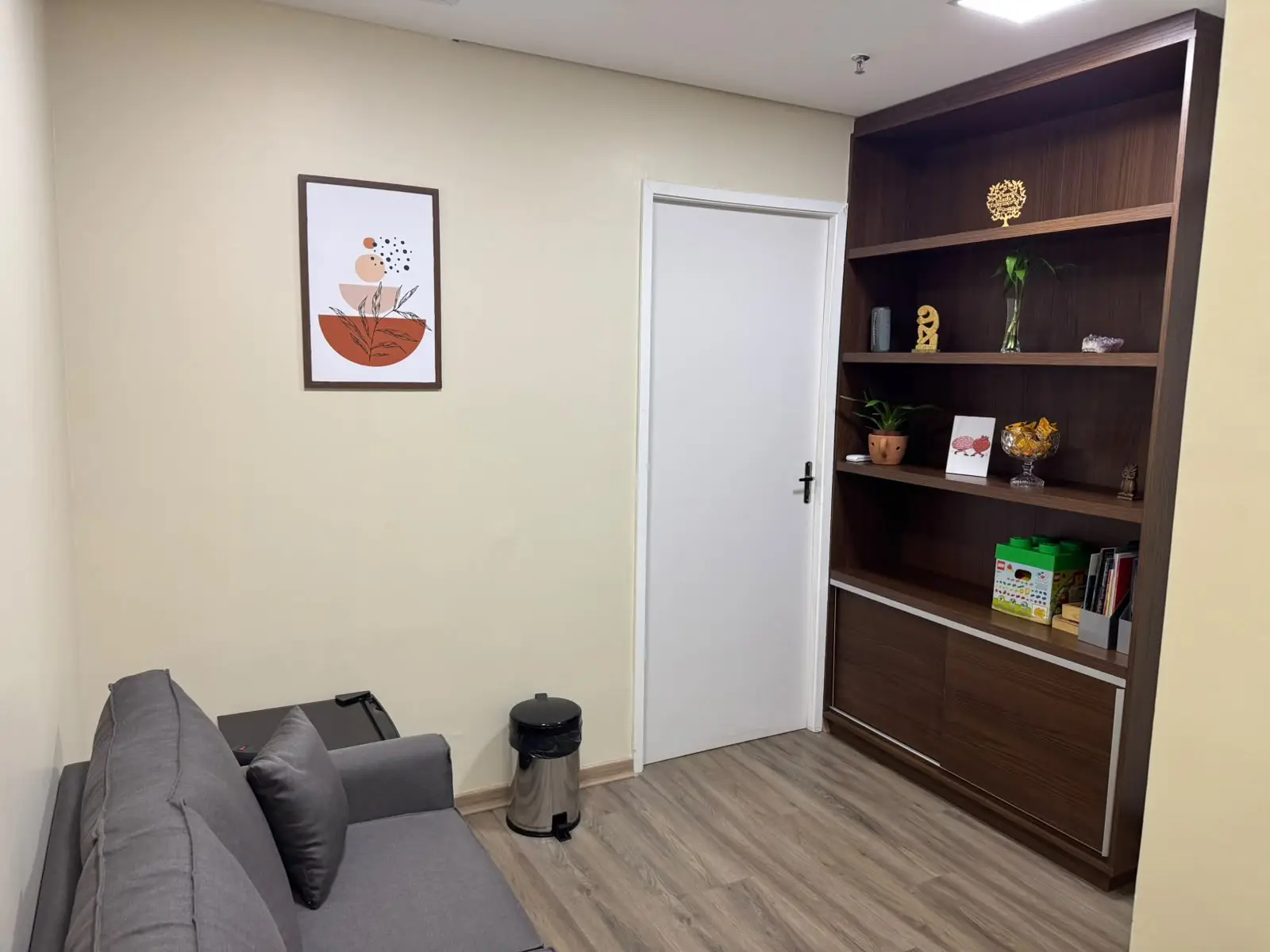 Sala de atendimento da psicóloga Karina Almeida em Santo André, com sofá e estante